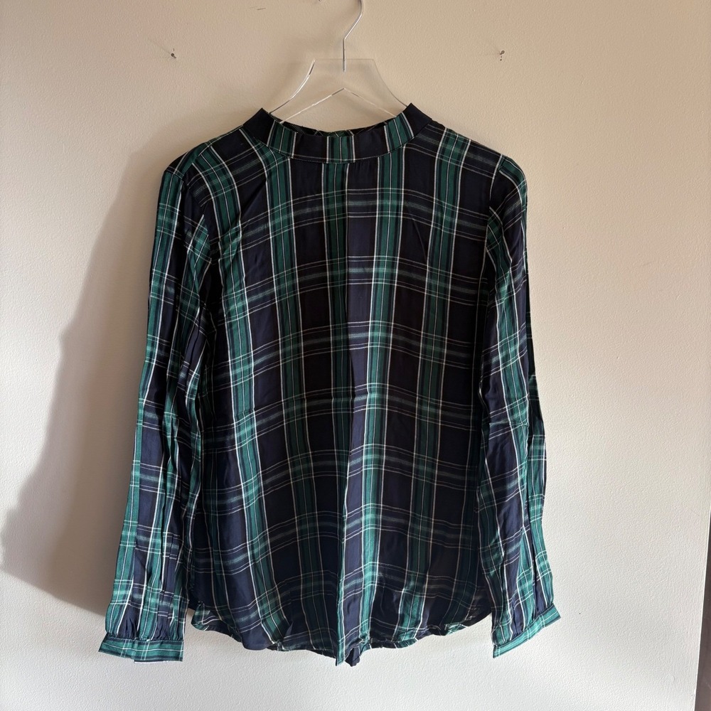 LOFT Womens Plaid Mock Neck Blouse Green Navy Blue Womens Size Medium NWT - Picture 4 of 7